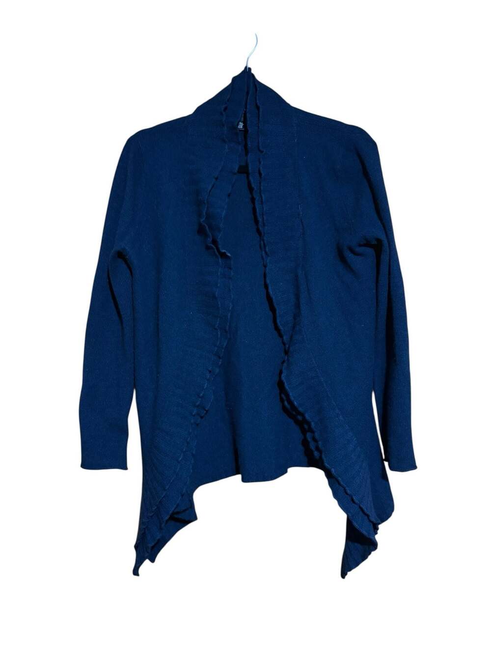 Avellini 100% Cashmere 2-Ply Navy Blue Ruffle Trim Open Front Cardigan Sweater S